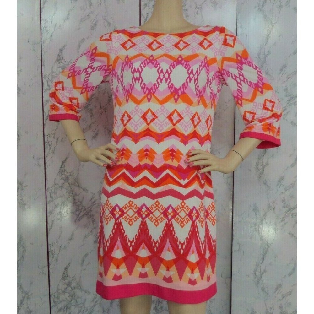 "ELISA J." MULTICOLOR ABSTRACT PRINT SHIFT CASUAL DRESS SIZE: 6